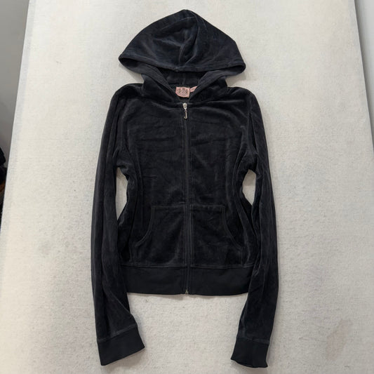 Juicy Couture Black Velour Tracksuit Set Zip Up Hoodie & Flared Pant Logo Size L