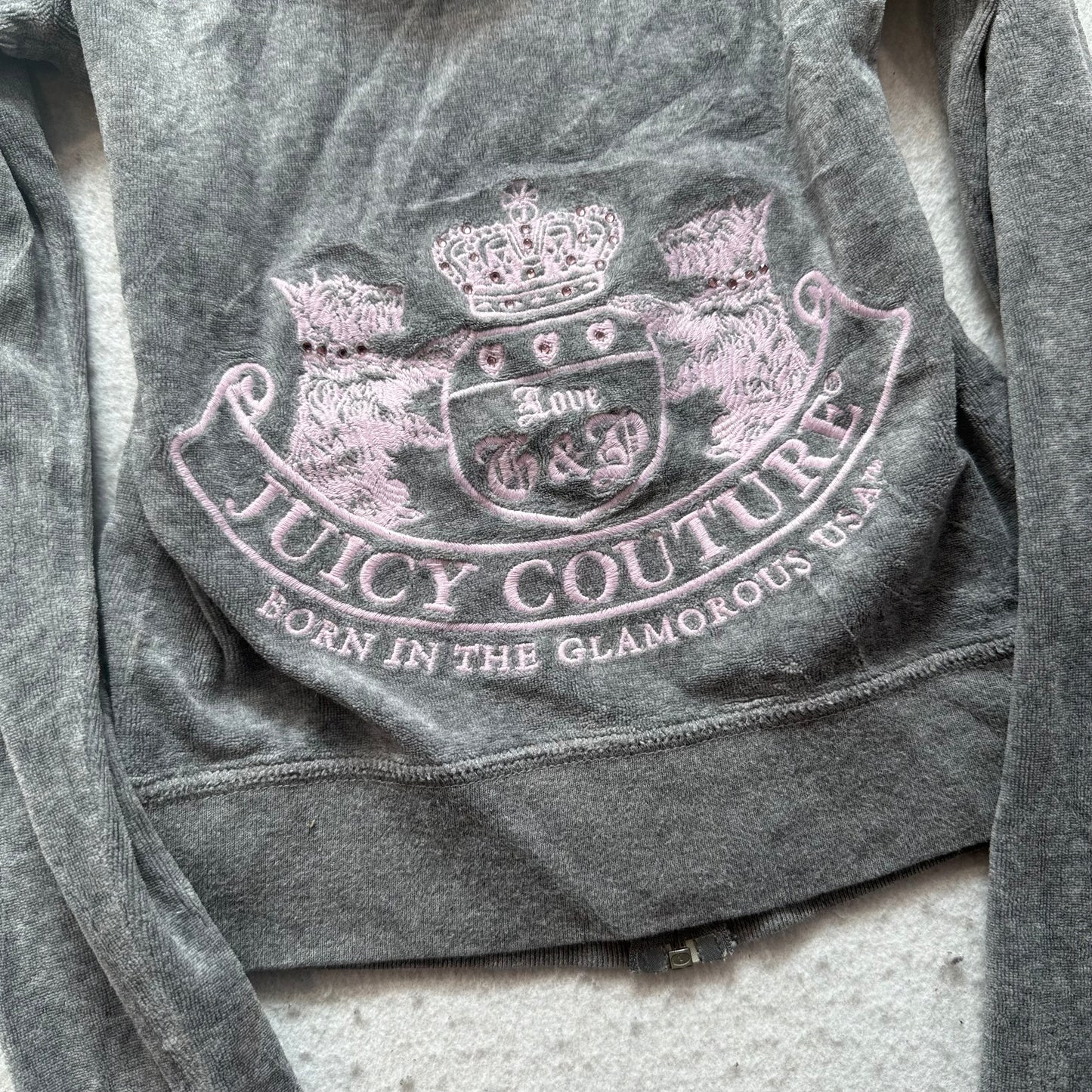 Juicy Couture Scottie Dogs Women's Gray Velour Hoodie Embroidered Rhinestone - P