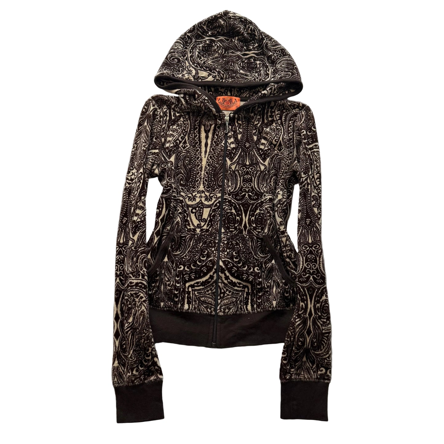 RARE 2003 Vtg Juicy Couture Brown Paisley Velour Hoodie All-Over Pattern Size S
