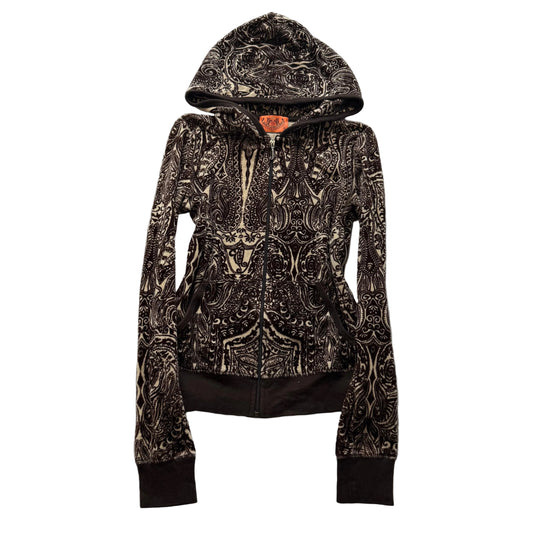 RARE 2003 Vtg Juicy Couture Brown Paisley Velour Hoodie All-Over Pattern Size S