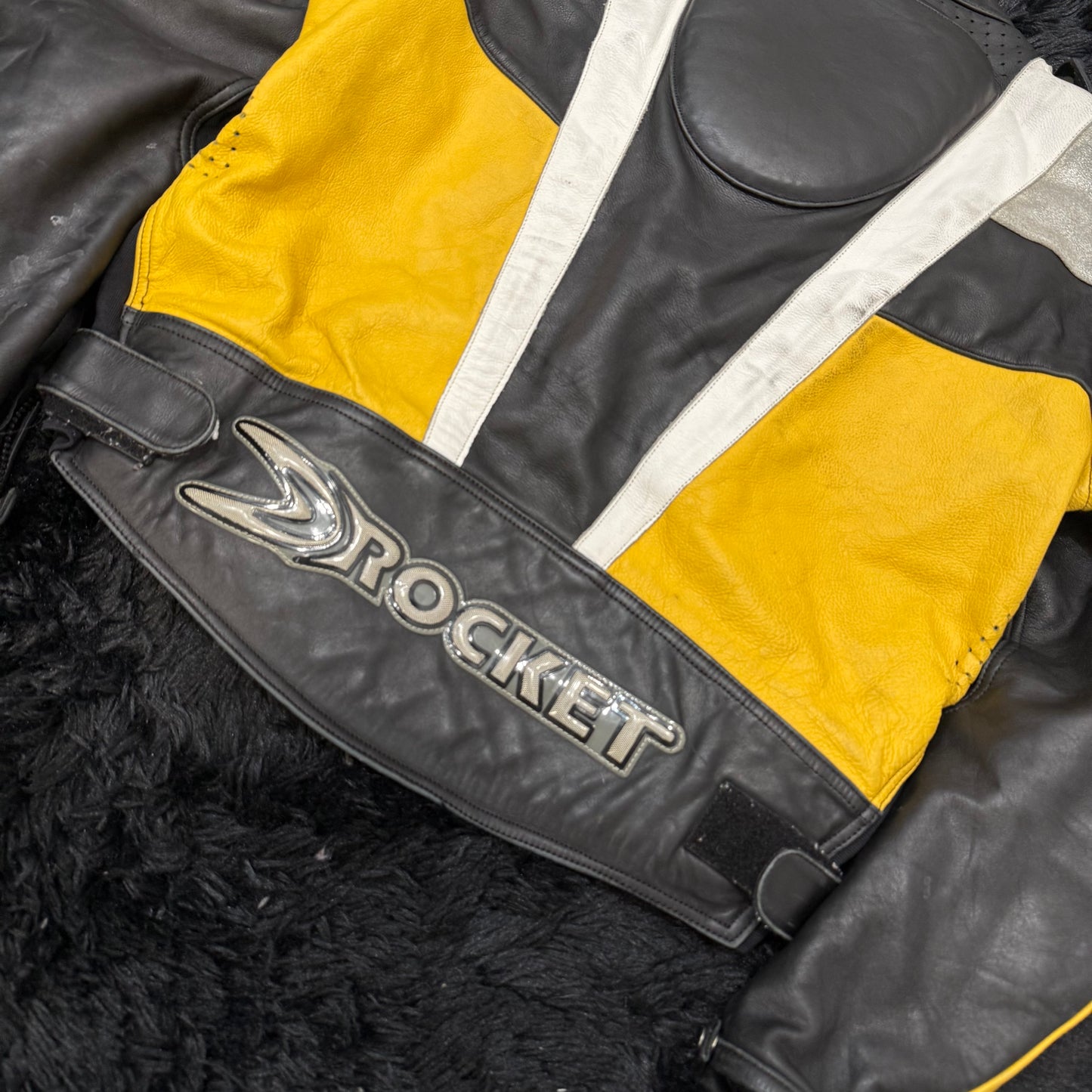 Joe Rocket Black Yellow Leather Motorcycle Jacket Racing Zip Front Size XL