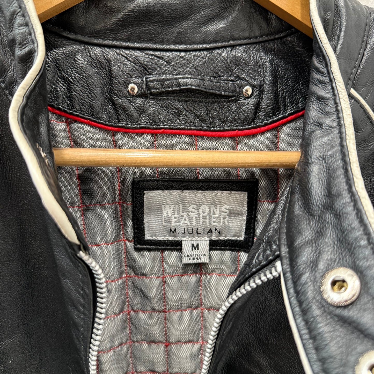Wilsons M. Julian Men's Black & White Striped Leather Moto Racer Jacket Size M
