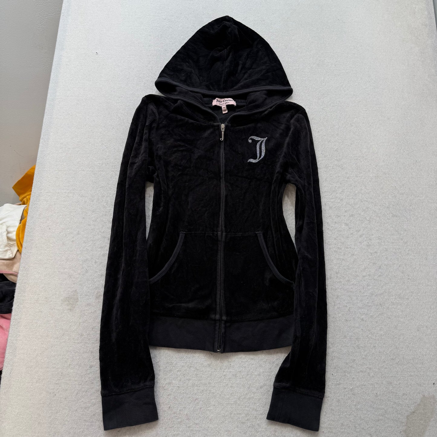 Juicy Couture Women's Black Velour Zip-Up Hoodie Glitter Juicy Logo Y2k Size M