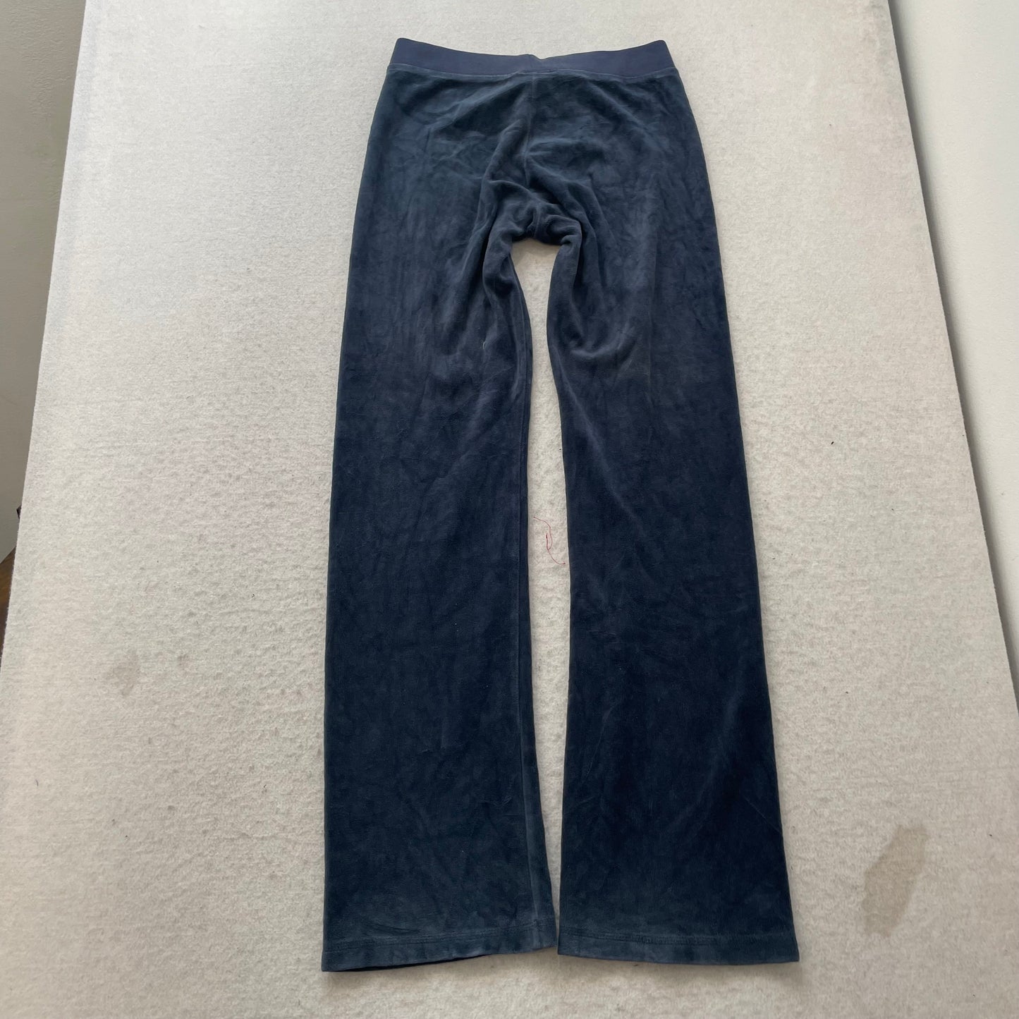 Vintage Juicy Couture Women Navy Velour Flared Track Pant Rhinestone Logo Size S