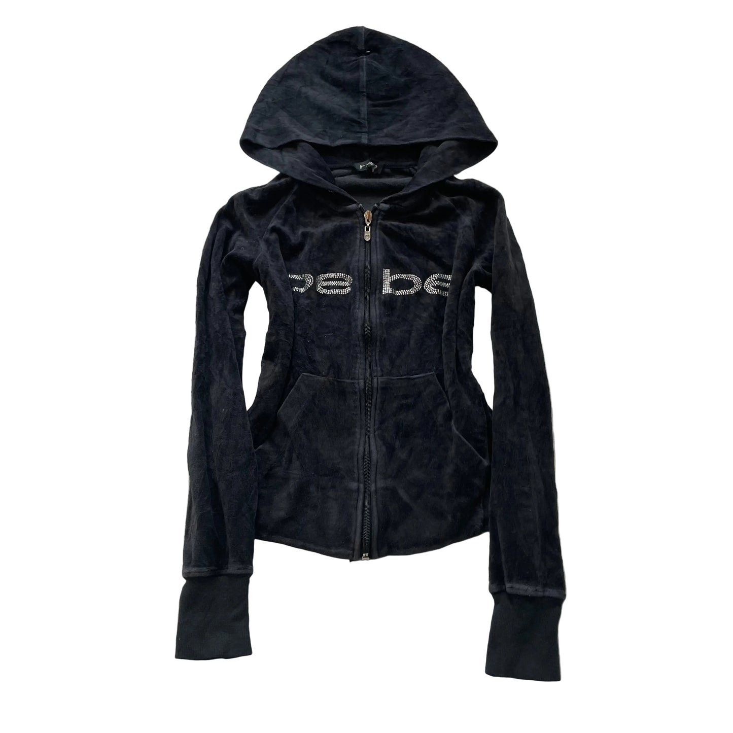 Bebe Girl's Navy Velour Zip-Up Hoodie Pockets Classic Rhinestones Logo Size 5/P