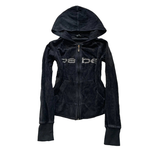 Bebe Girl's Navy Velour Zip-Up Hoodie Pockets Classic Rhinestones Logo Size 5/P
