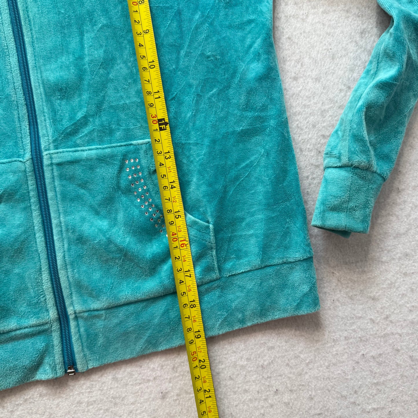 Juicy Couture Womens Teal Velour Zip-Up Hoodie Unicorn Graphic Logo Y2K Size L