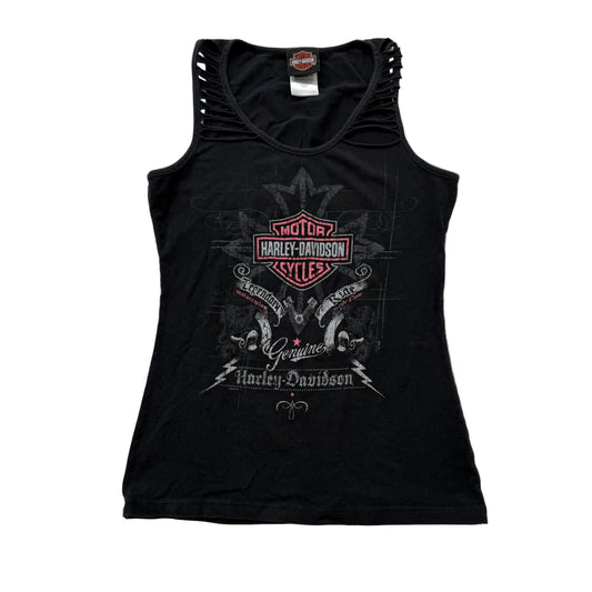 Harley Davidson Women Jet Black Cotton Tank Top Shredded Shoulder Graphic Size S