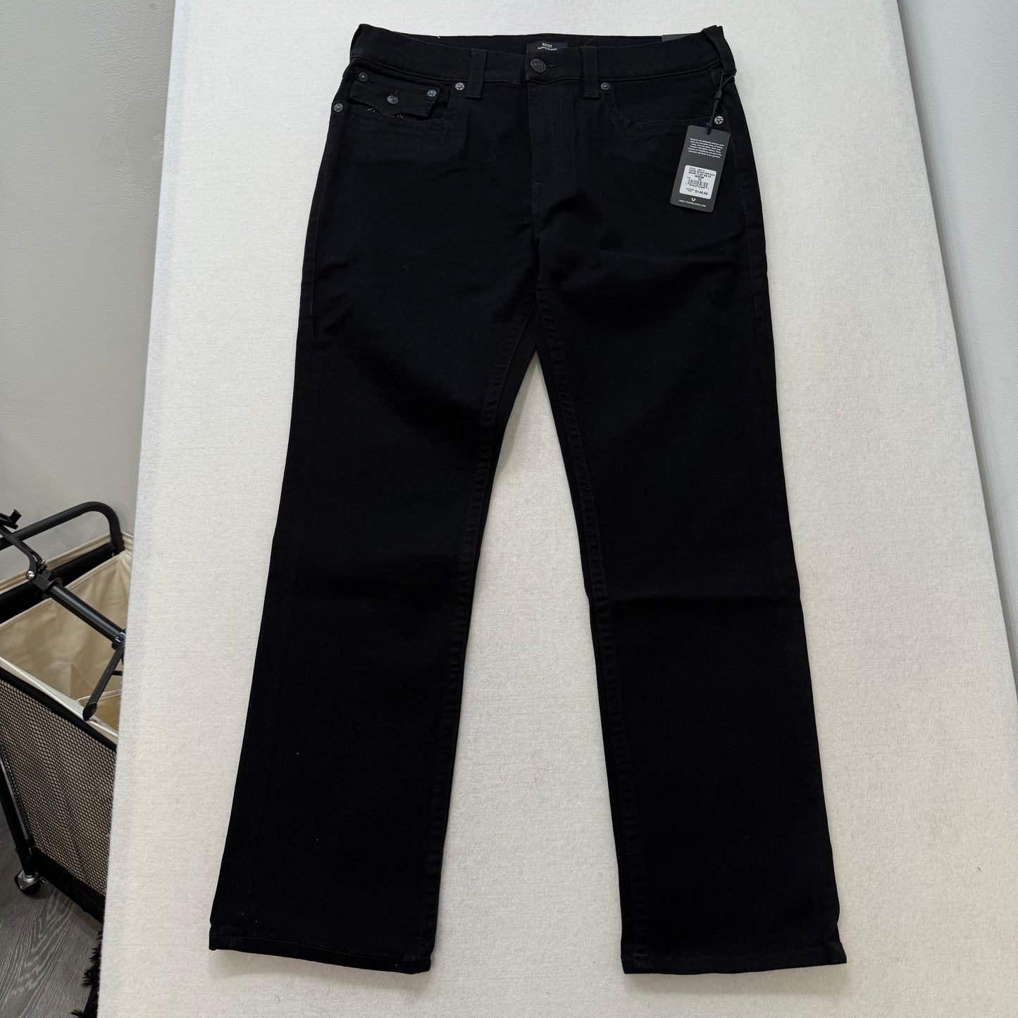 True Religion Ricky Black Denim Jeans Straight Leg Contrast Stitching Arcuate Flap Pockets Size W36 L32