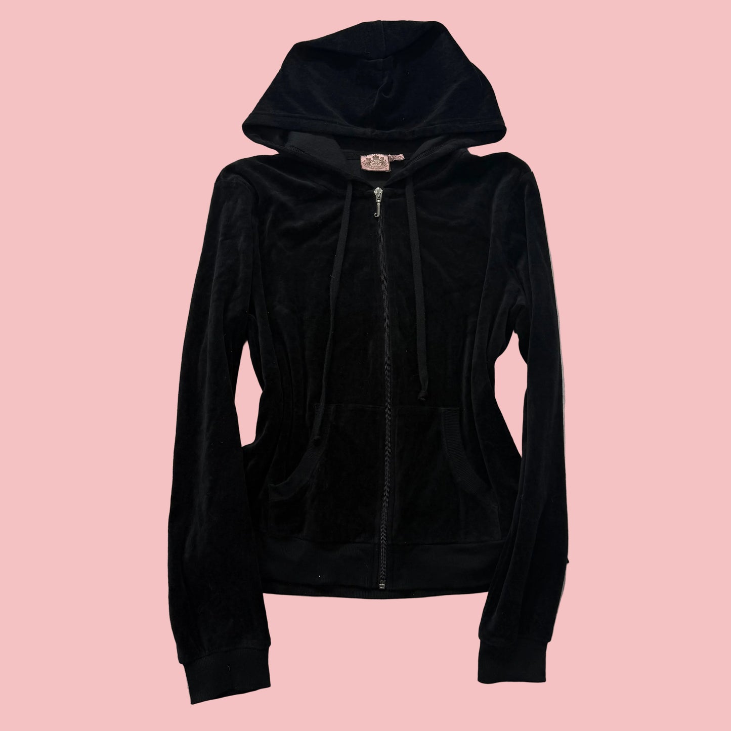 Juicy Couture Women's Black Velour Zip-Up Hoodie Drawstring Pockets Y2k Size XL