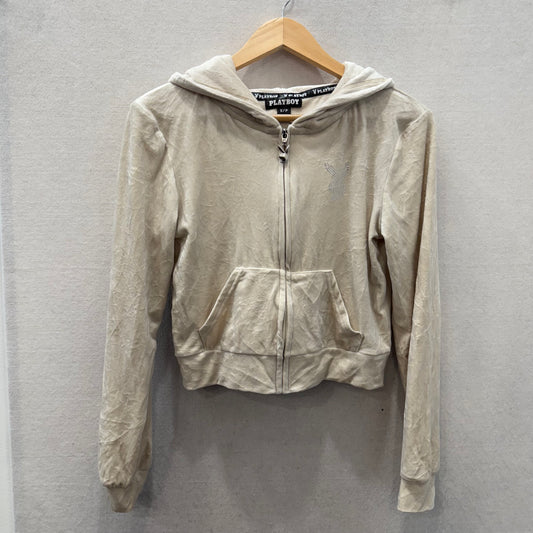 Playboy Women's Ivory Velour Zip-Up Cropped Hoodie Rhinestone Bunny Logo Size S
