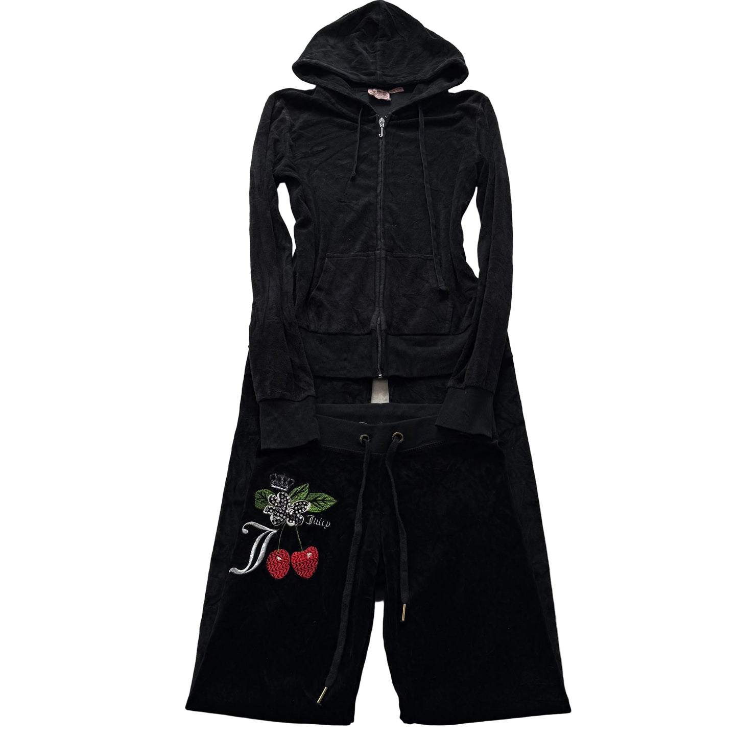 Vtg Juicy Couture Black Velour Tracksuit Set Hoodie & Cherry Graphic Pant Size S