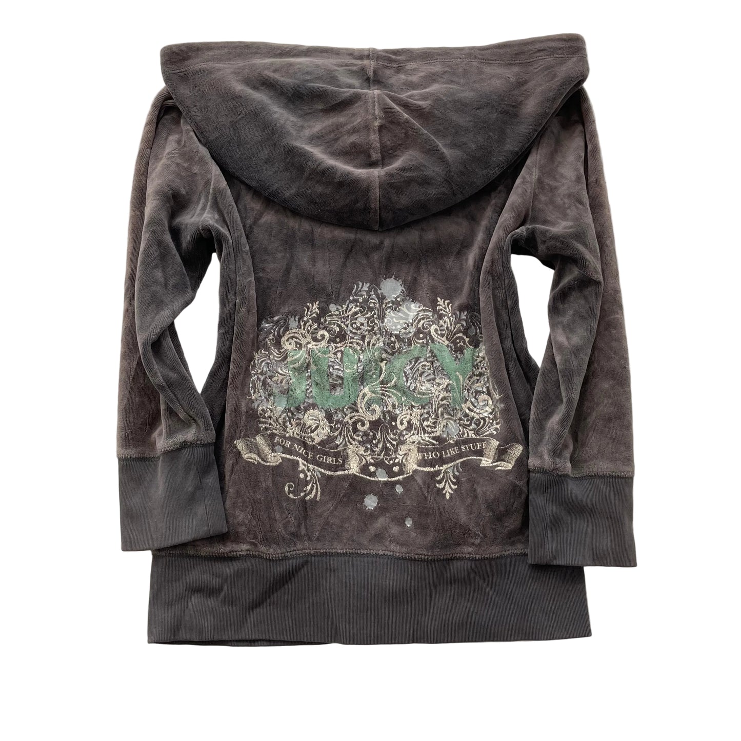 Juicy Couture Women Charcoal Grey Velour Zip-Up Hoodie Back Graphic Print Size P