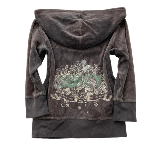 Juicy Couture Women Charcoal Grey Velour Zip-Up Hoodie Back Graphic Print Size P