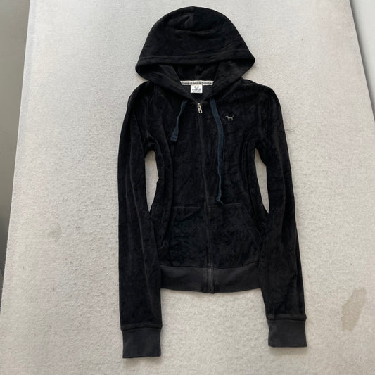 Victoria's Secret PINK Women's Black Velour Zip-Up Hoodie Sequin Logo Y2k Size M