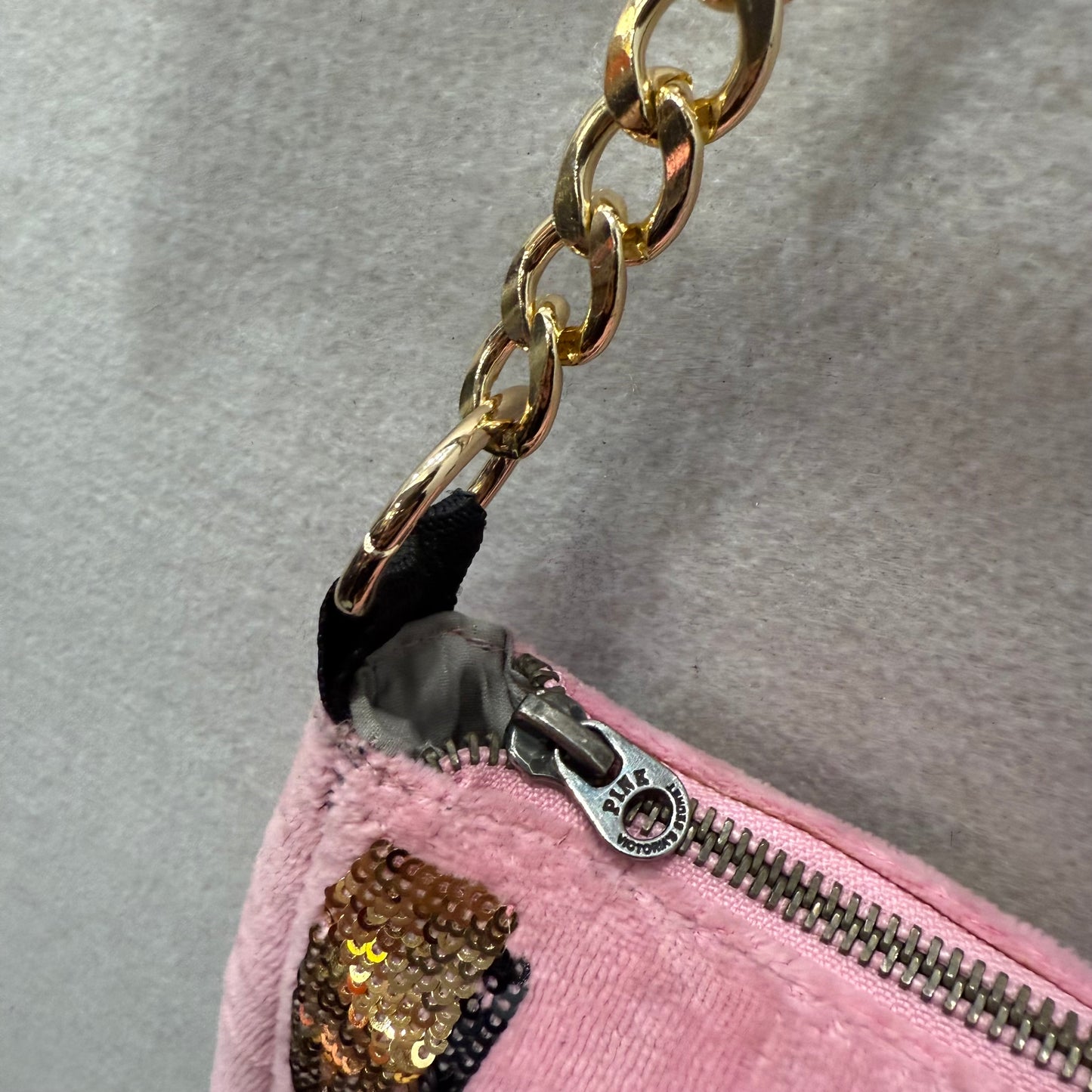 PINK Victoria's Secret Pink Velour Gold Sequin Logo Casual Shoulder Baguette Bag