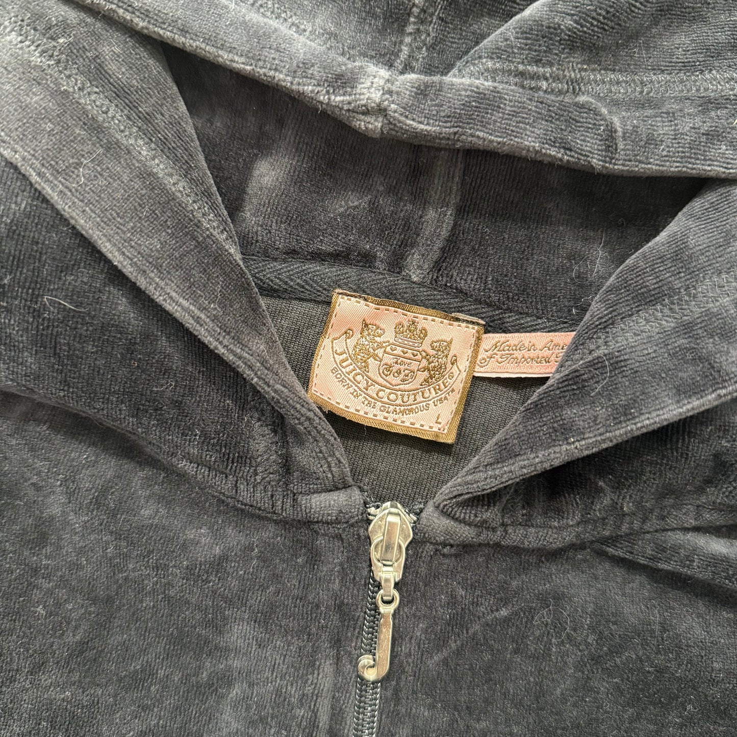 Juicy Couture Black Velour Tracksuit Set Zip Up Hoodie & Flared Pant Logo Size L