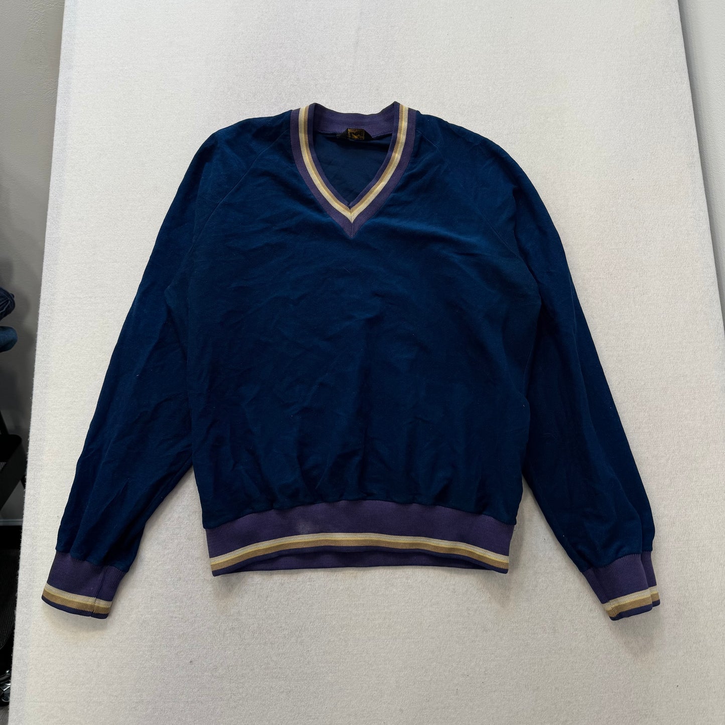 Lee Navy Velour V-Neck Sweater Purple Trim Made in USA Size L
