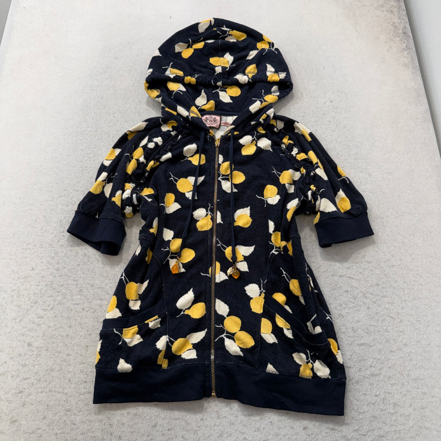 Vintage Juicy Couture Women's Navy Terry Cloth Lemon Print Pattern Hoodie Size L