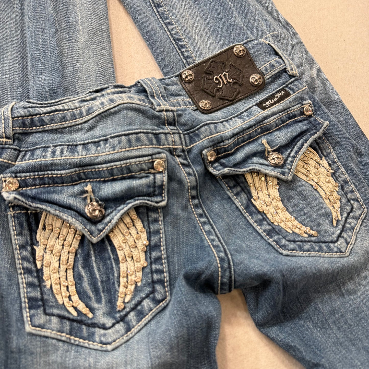 RARE Miss Me Angle Wings Flared Embellished Bootcut Jeans Low Rise Size 25