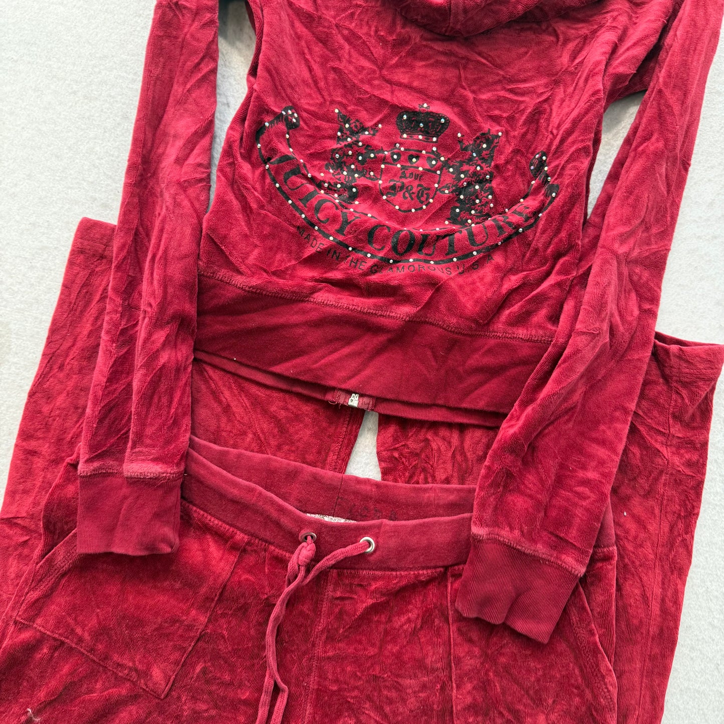 Juicy Couture Women Wine Red Velour Tracksuit Set Hoodie & Pant Pockets Size S/M