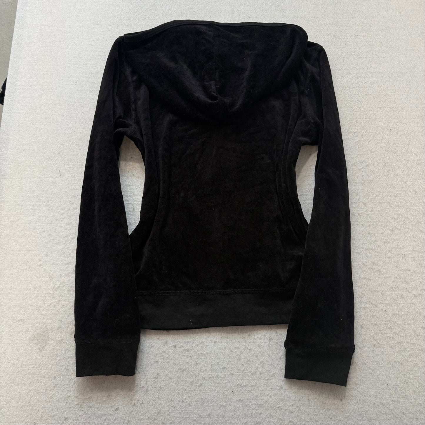 Vintage Juicy Couture Women Black Velour Zip-Up Hoodie Pockets Loungewear Size L