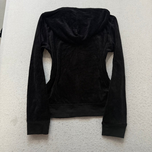 Vintage Juicy Couture Women Black Velour Zip-Up Hoodie Pockets Loungewear Size L
