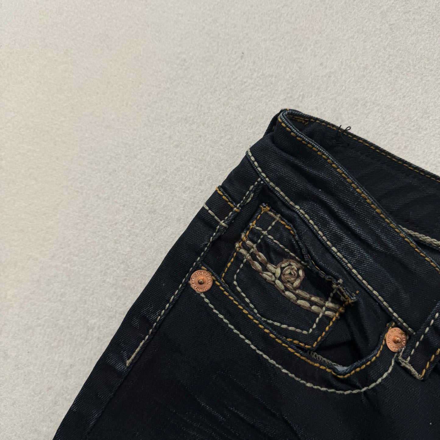 Seven7 Women's Dark Indigo Denim Bootcut Fit Jeans Contrast Stitch Waist 32