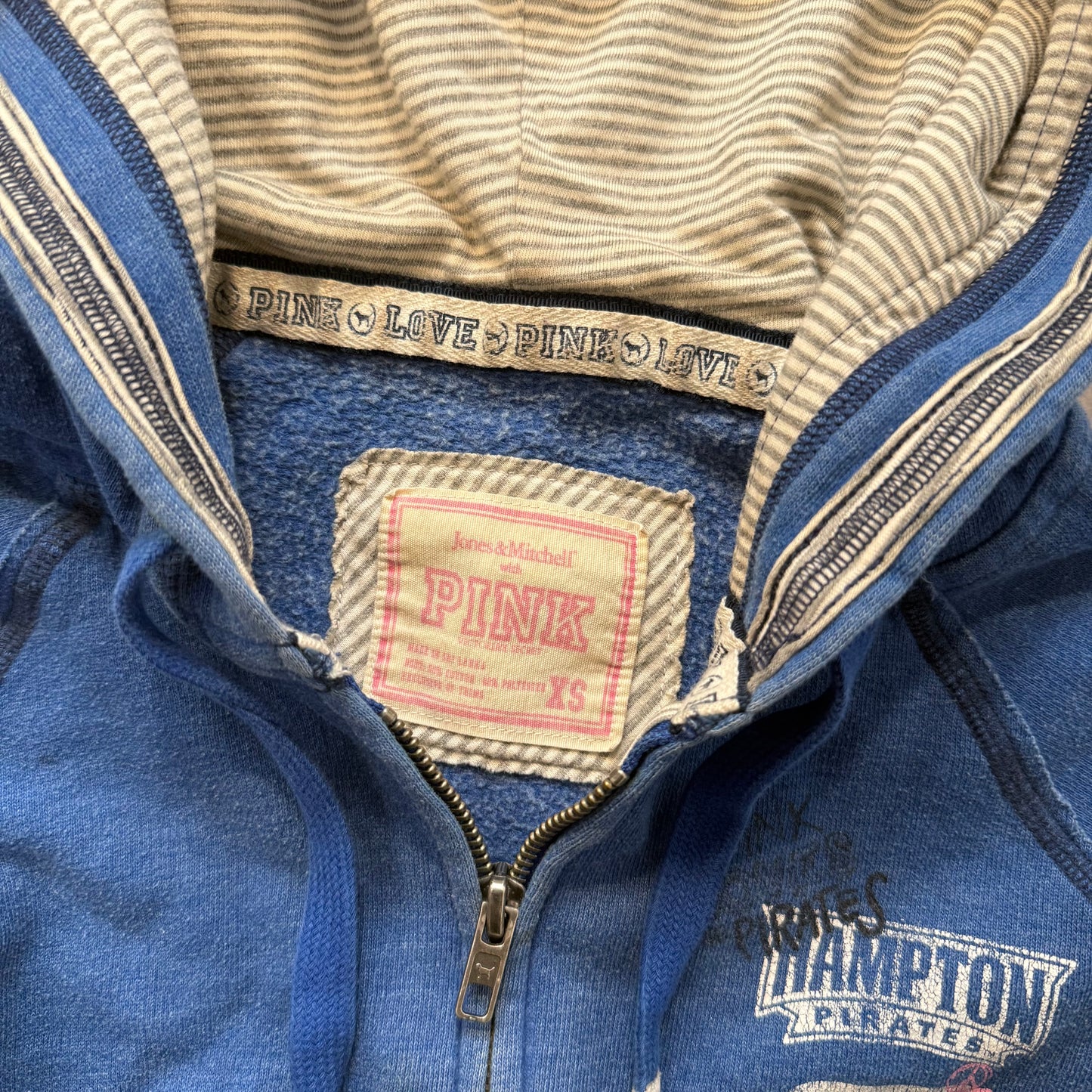 Vintage Victoria’s Secret PINK Blue Zip Hoodie Hampton Front 86 Back Size XS