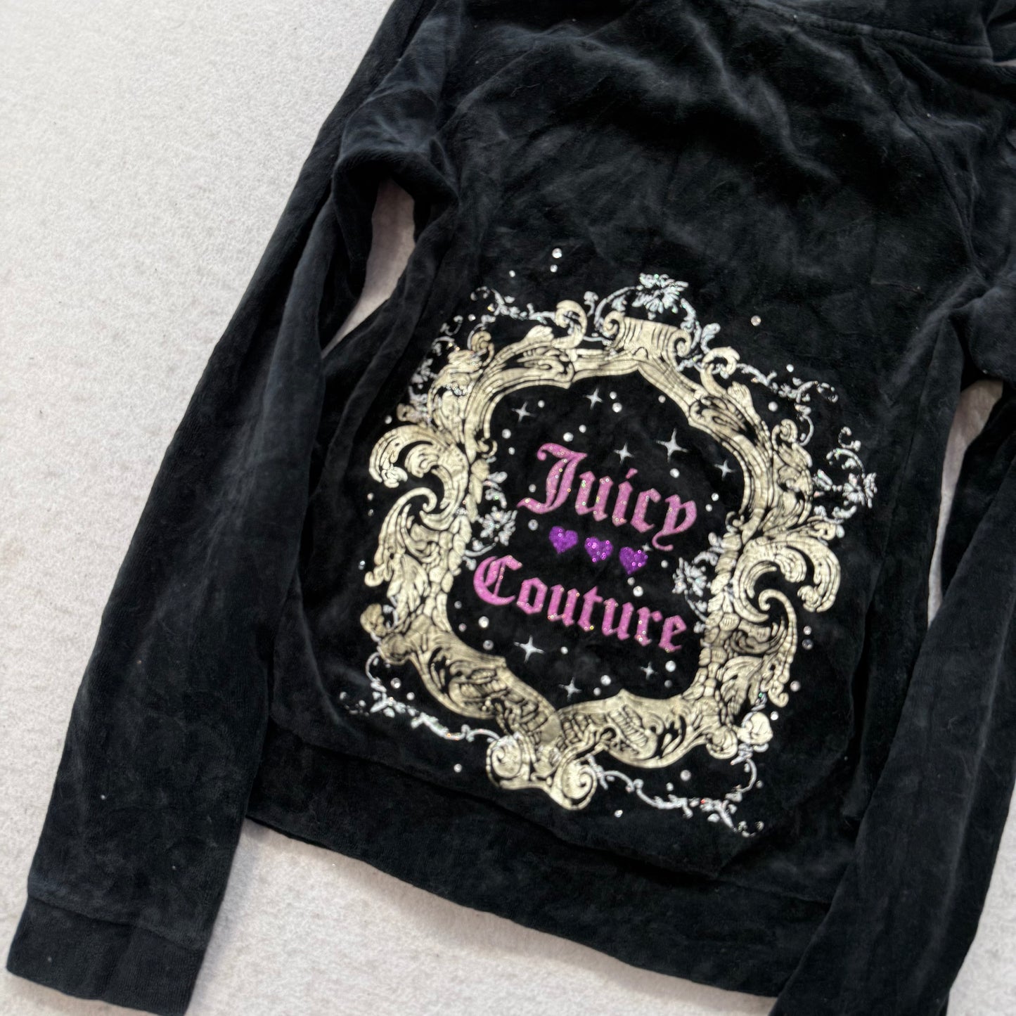 Juicy Couture Women's Black Velour Full Zip Hoodie Rhinestone Back Design Size M