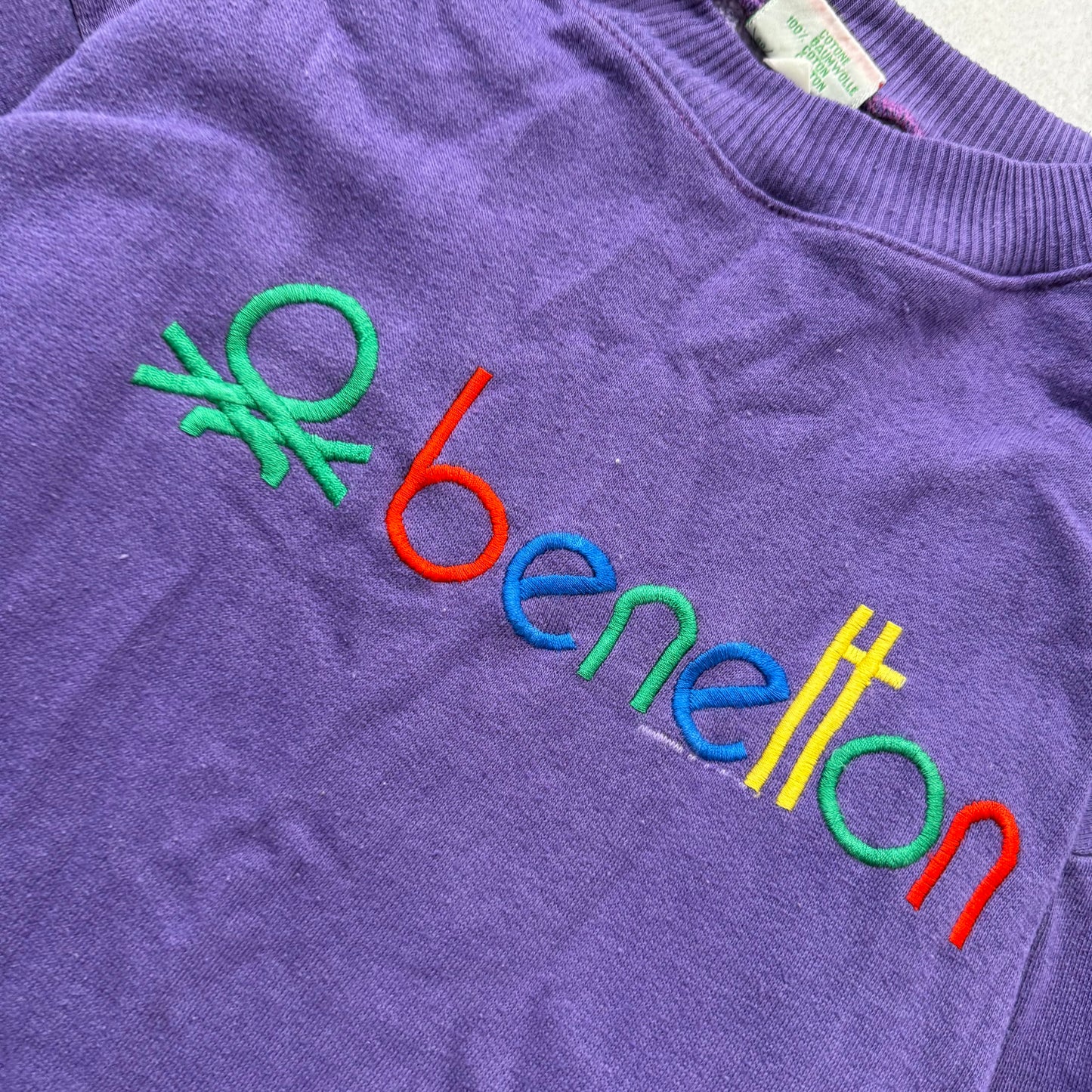 Benetton Unisex Purple 100% Cotton Sweatshirt Embroidered Spellout Logo Size S