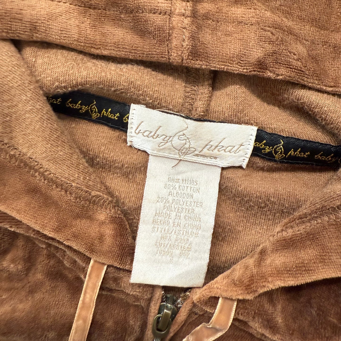 Vintage Baby Phat Womens Caramel Brown Velour Zip Up Hoodie Gold Cat Logo Size S