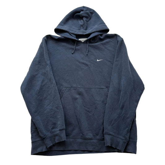 Nike Men's Navy Blue Cotton Blend Relaxed Fit Pullover Hoodie Swoosh Logo Size L