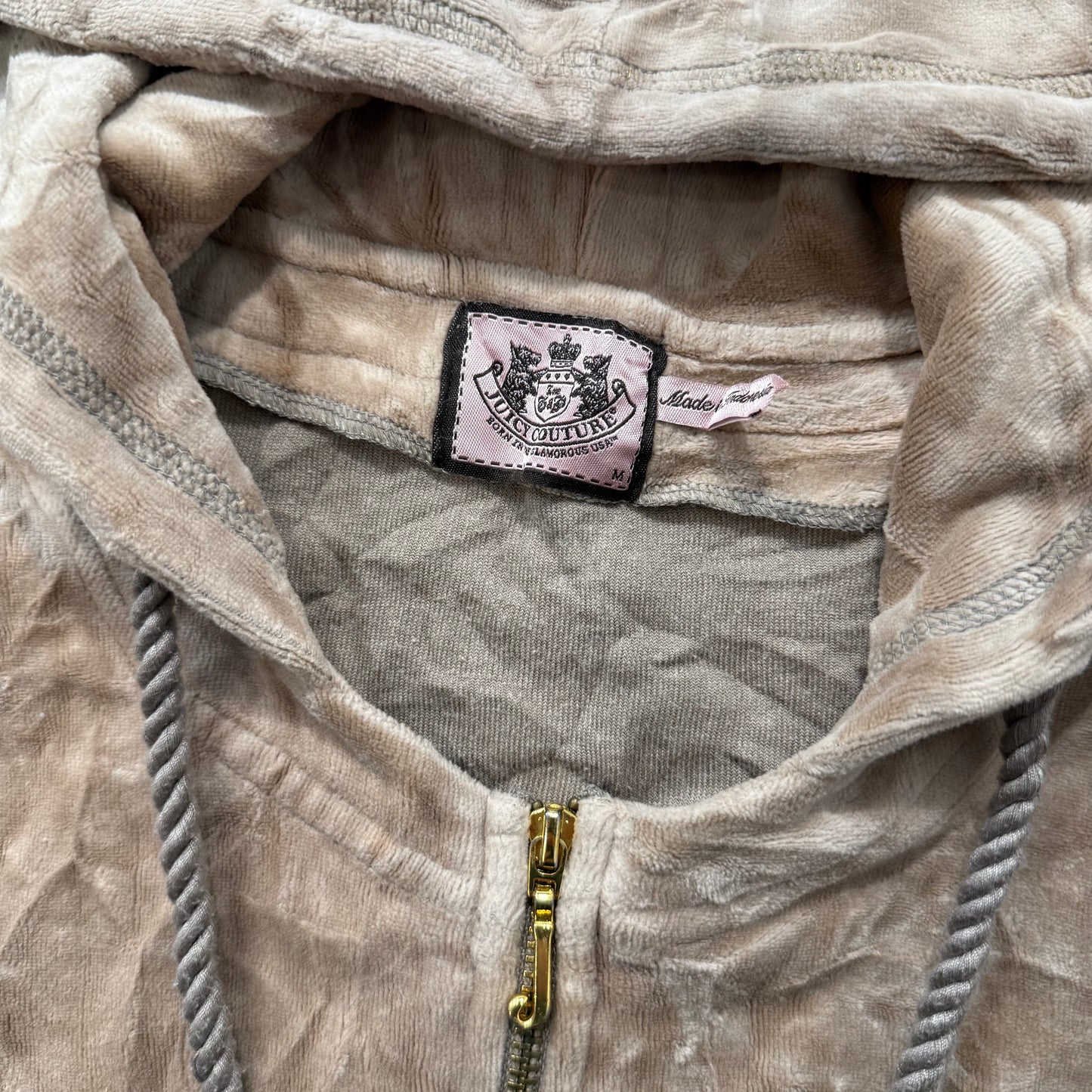 Juicy Couture Women's Camel Full Zip Hoodie Patch Pockets Rope Drawstring Size M