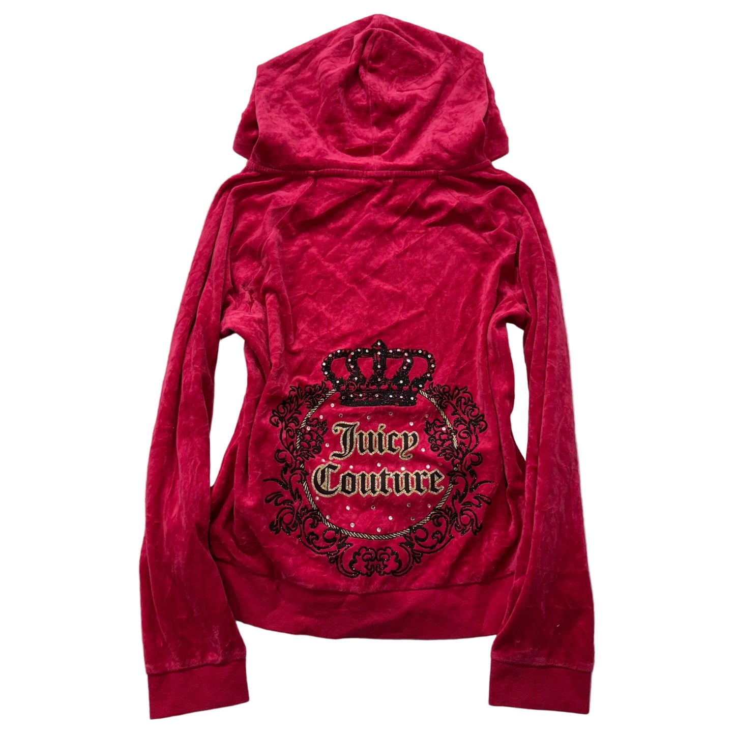 Juicy Couture Women's Dark Hot Pink Velour Hoodie Rhinestone Crown Logo Size XL