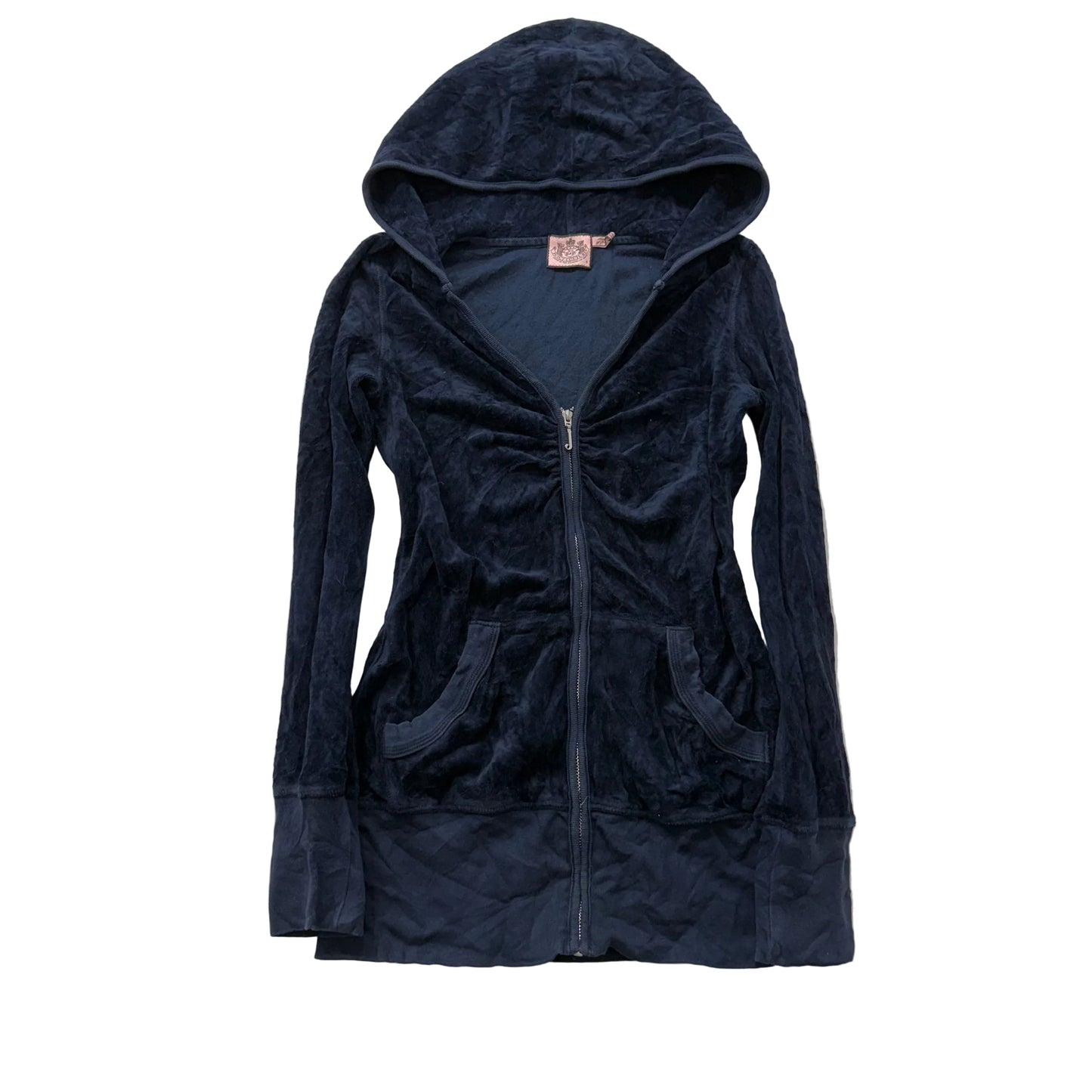 Juicy Couture Women's Navy Velour Zip Up Hoodie Ruched Front Preppy Y2K Size P