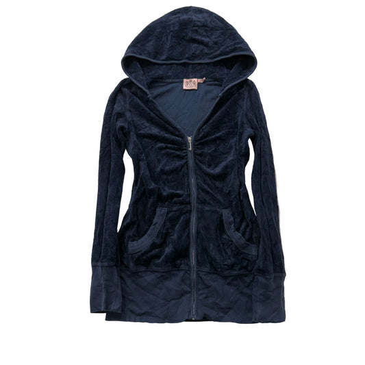 Juicy Couture Women's Navy Velour Zip Up Hoodie Ruched Front Preppy Y2K Size P