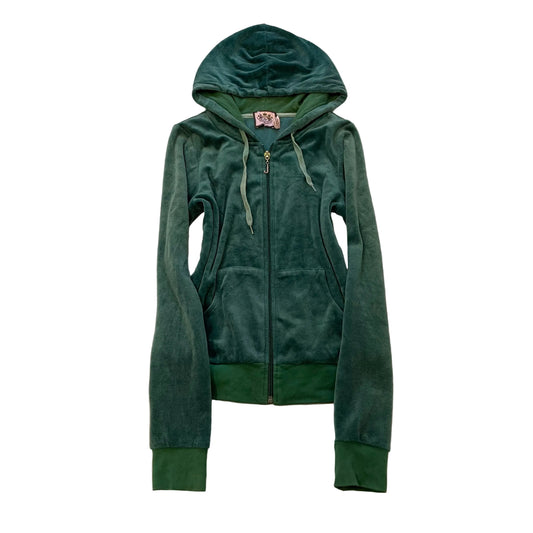 Vintage Juicy Couture Women Emerald Green Velour Zip-Up Hoodie Loungewear Size S