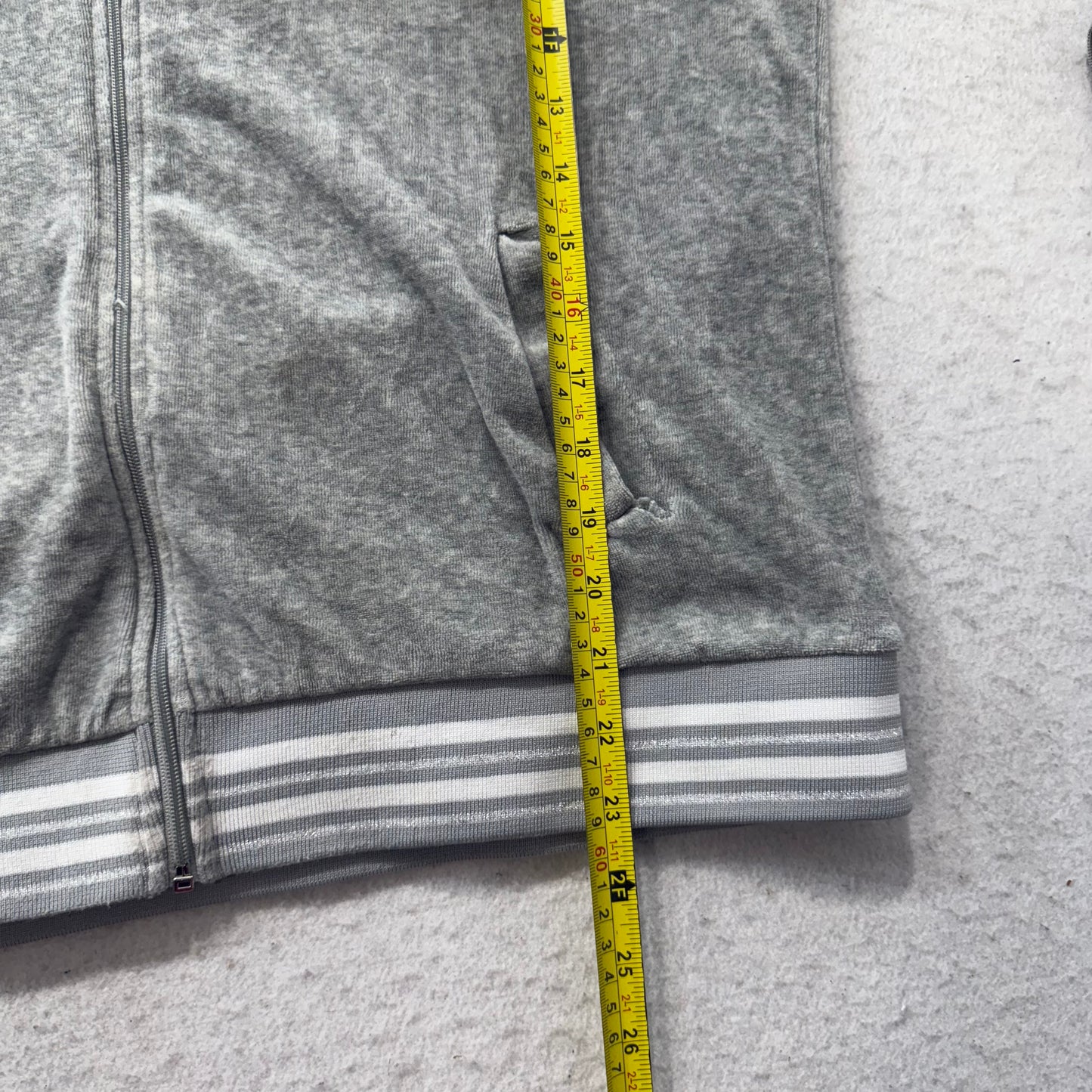Juicy Couture Women's Gray Velour Full Zip Hoodie Striped Cuffs & Hem Size XL
