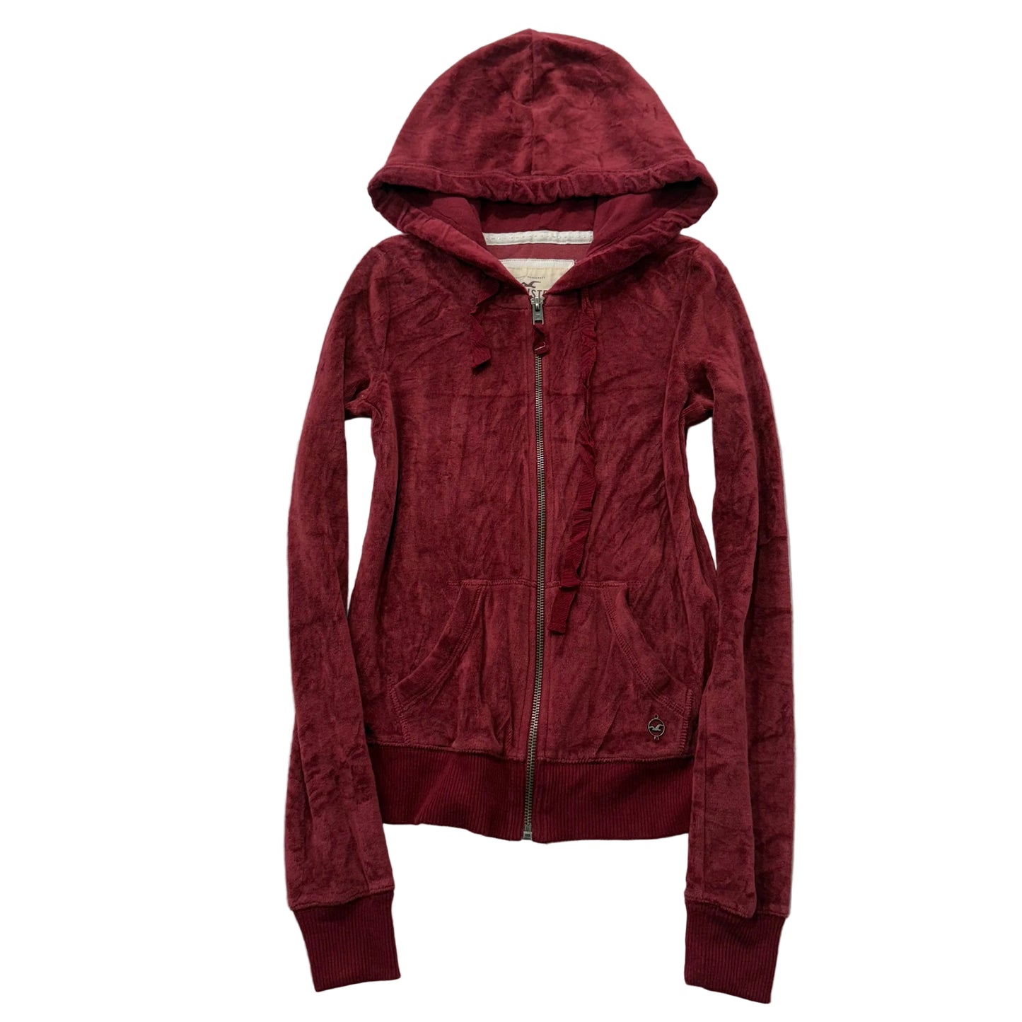 Hollister Women's Maroon Velour Zip Up Hoodie Split Kangaroo Pockets Y2K Size XS