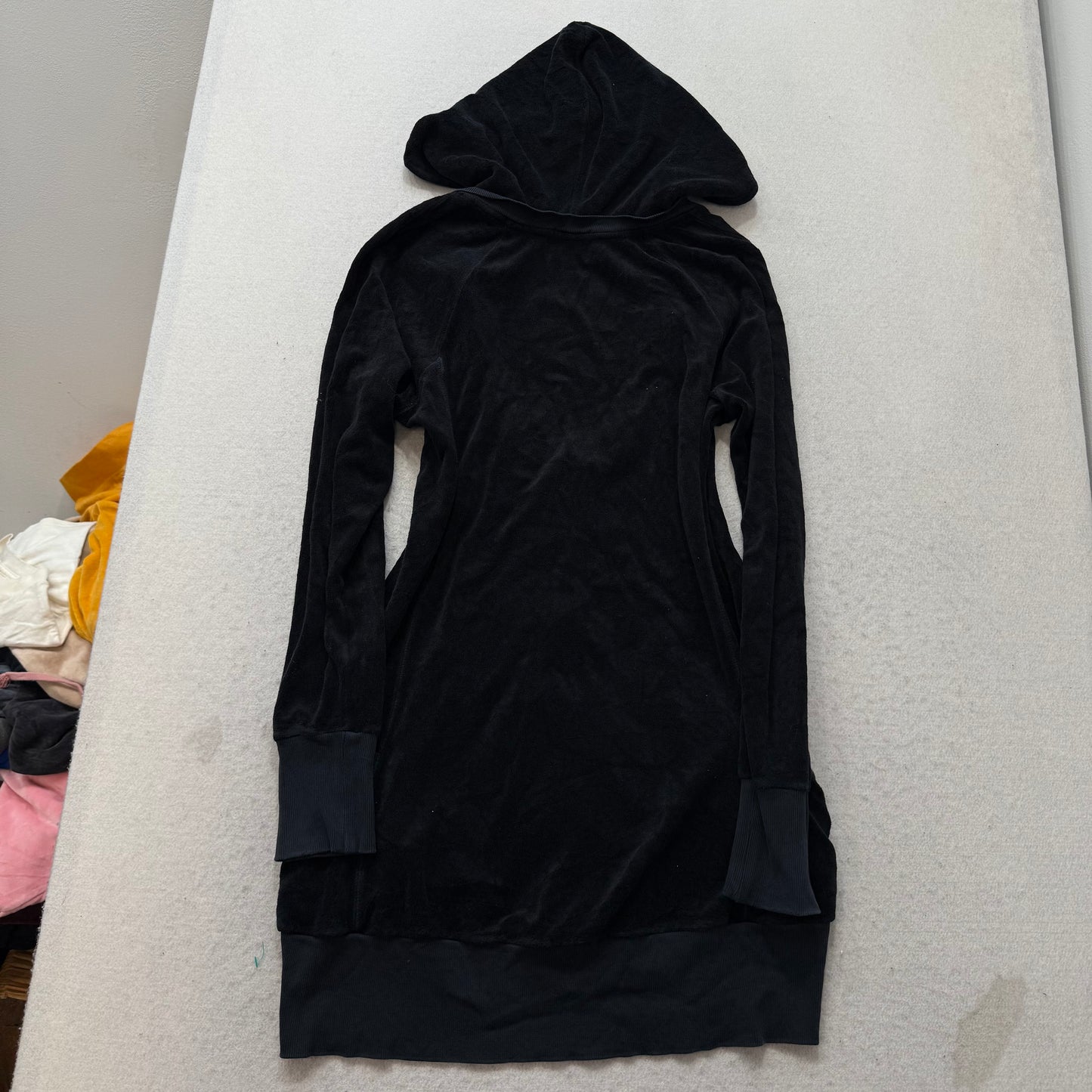 Vintage Juicy Couture Womens Black Terry Cloth Zip-Up Long Hoodie Pockets Size L