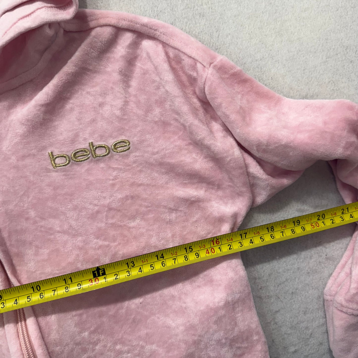 Bebe Women's Baby Pink Velour Full Zip Cropped Hoodie Rhinestones Logo Size S