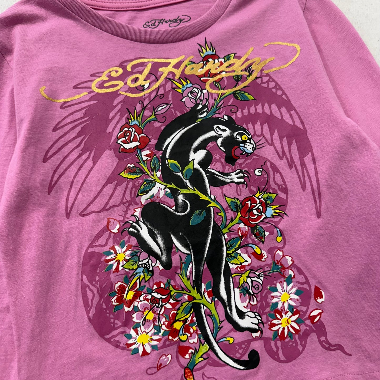 ED HARDY “Panther Rose” PINK LONG SLEEVE CROPPED BABY TEE