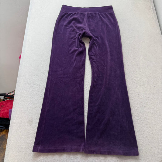 Bebe Women Deep Purple Velour Flared Track Pant Low Rise Rhinestones Logo Size S