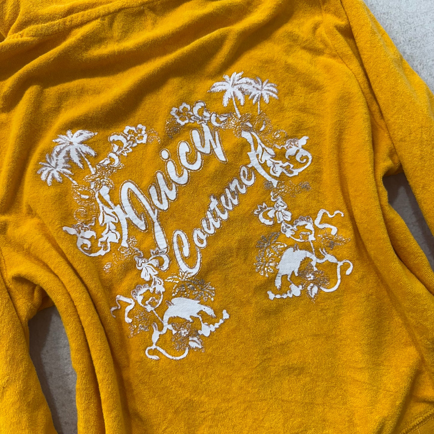 Juicy Couture Women's Yellow Terry Cloth Zip-Up Hoodie Palm Tree Graphic Size XL