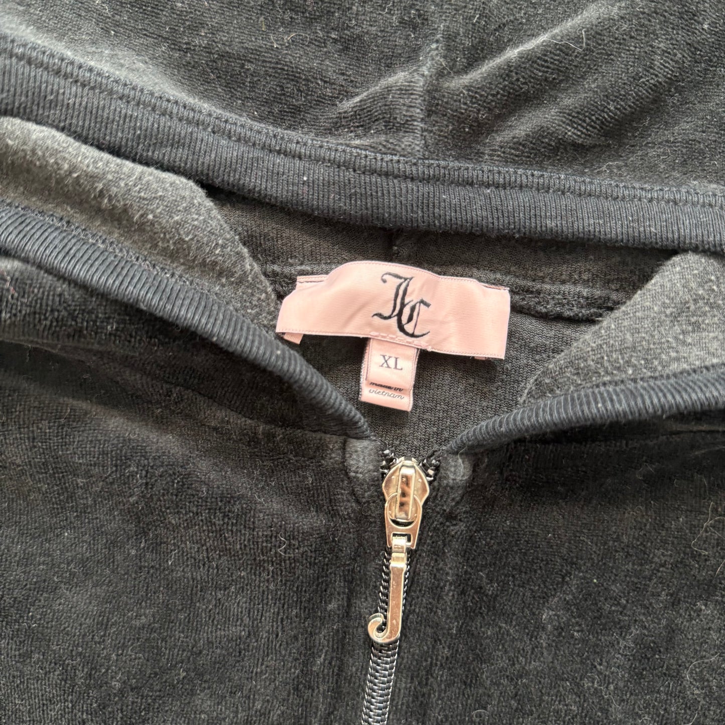 Juicy Couture Women's Jet Black Velour Full Zip Hoodie Kangaroo Pockets Size XL