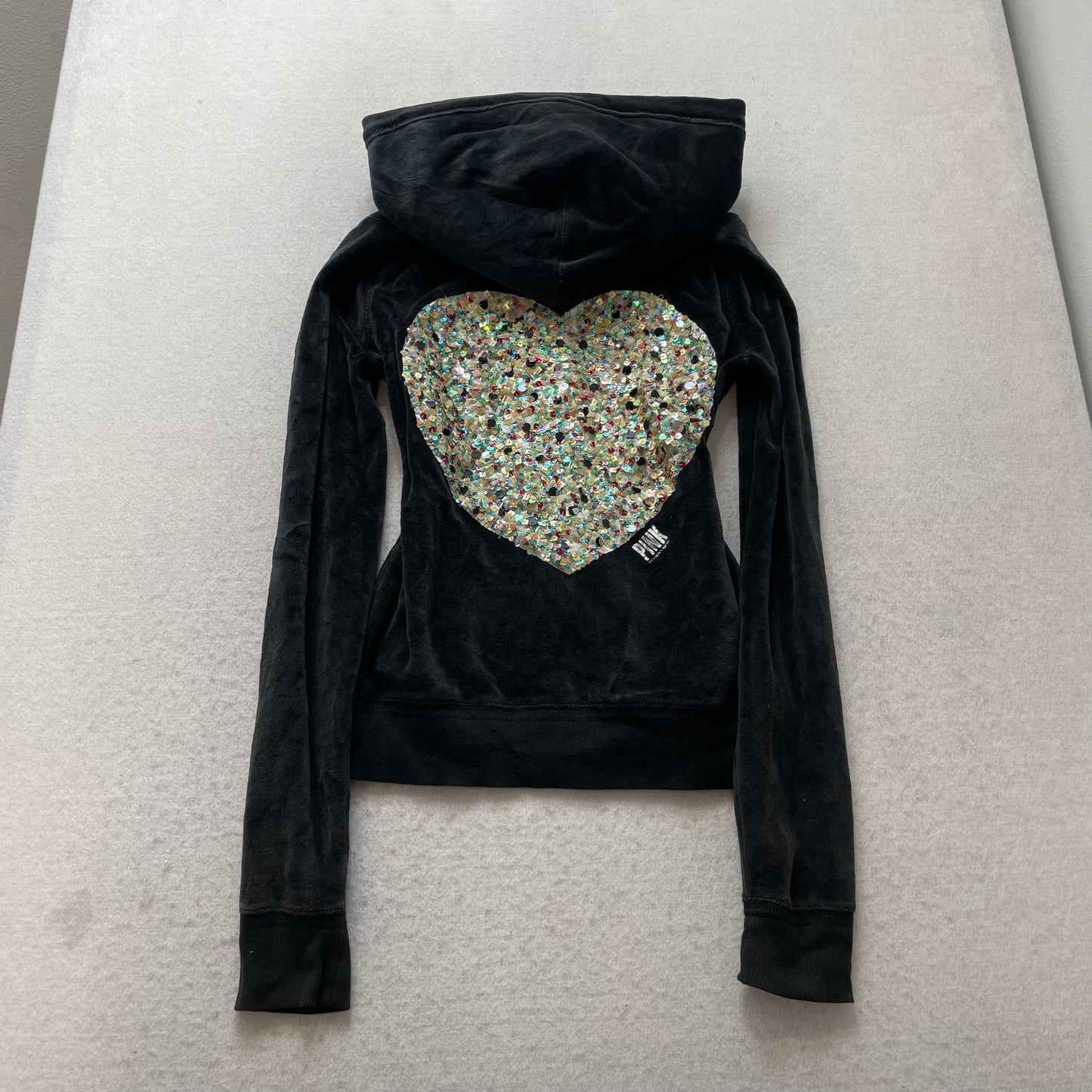 PINK Victoria Secret Womens Washed Black Velour Zip Up Hoodie Sequin Logo Size S
