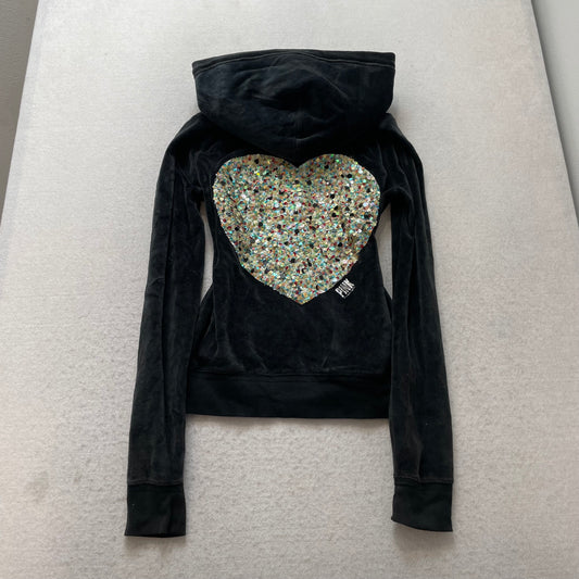 PINK Victoria Secret Womens Washed Black Velour Zip Up Hoodie Sequin Logo Size S