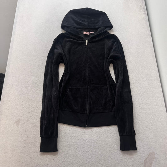 Juicy Couture Womens Black Velour Tracksuit Set Zip-Up Hoodie & Flared Pant - XL