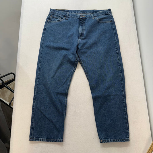 Wrangler Blue Denim Jeans Straight Leg Contrast Stitching Leather Logo Patch Size W40 L30